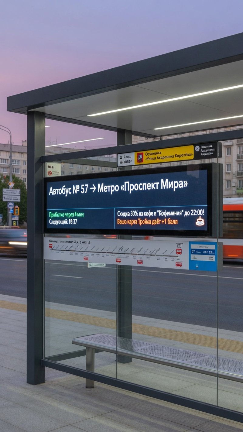 Цифровой LCD-экран на остановке общественного транспорта