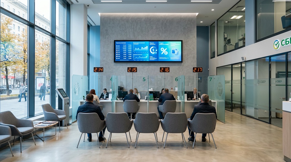 Экран в зоне ожидания банка с курсами валют и предложениями