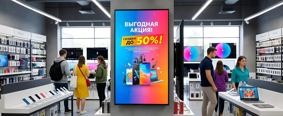 Профессиональная ЖК-панель для рекламы в магазине электроники